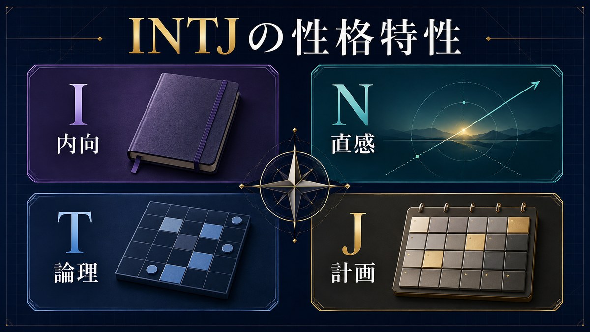 INTJの内向・直感・論理・計画という4つの性格特性を示す画像