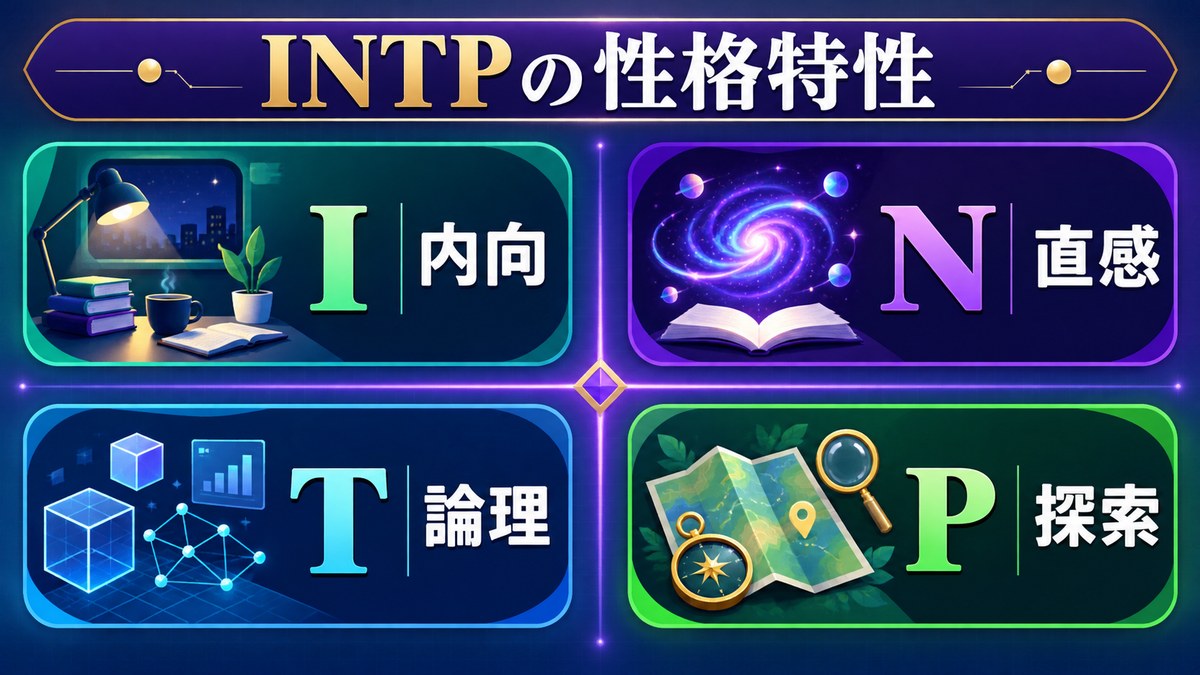 INTPの内向・直感・論理・探索という4つの性格特性を示す画像