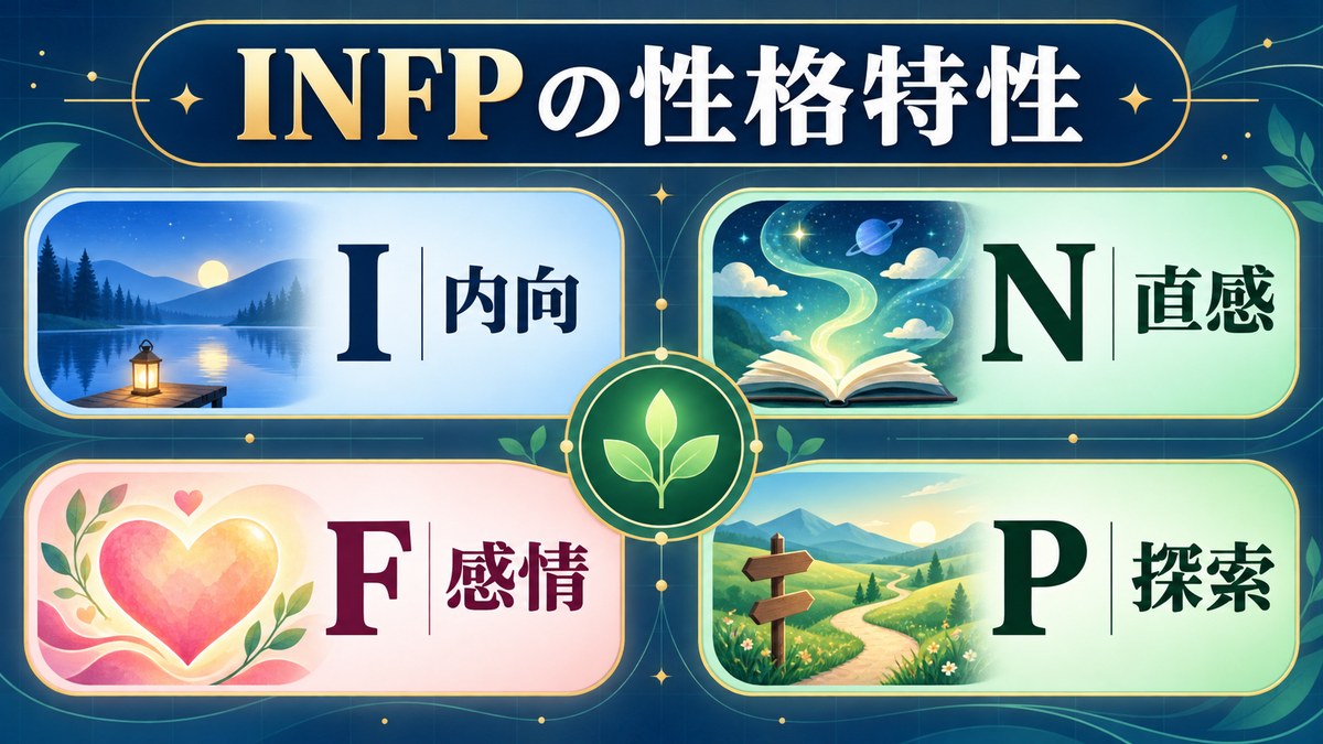 INFPの内向・直感・感情・探索という4つの性格特性を示す画像