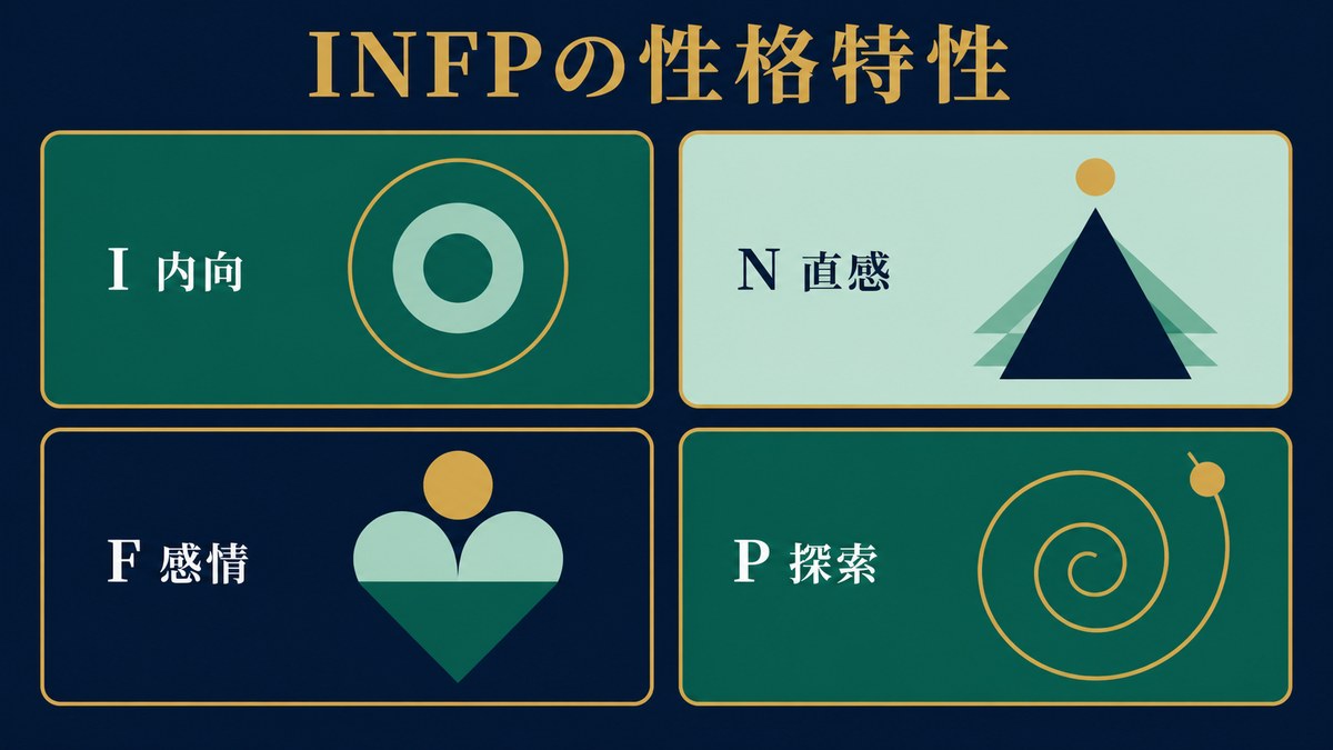 INFPの性格特性をI内向・N直感・F感情・P探索で整理した画像