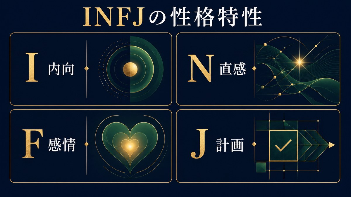INFJの性格特性をI内向・N直感・F感情・J計画で整理した画像