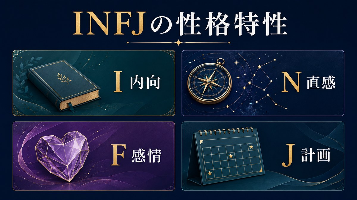 INFJの内向・直感・感情・計画という4つの性格特性を示す画像