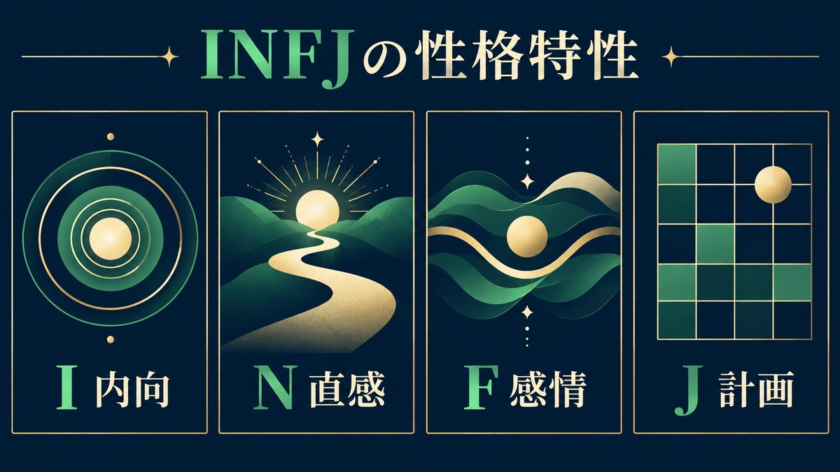 INFJの内向・直感・感情・計画という4つの性格特性を示す画像