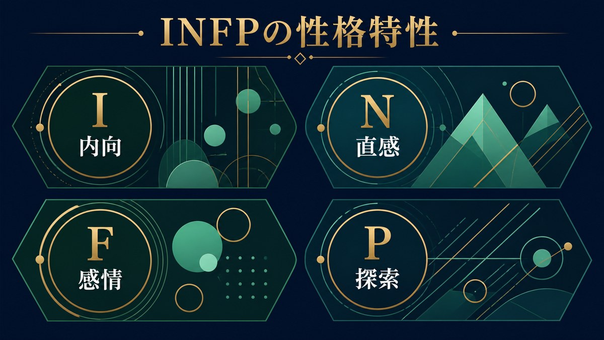 INFPの性格特性をI内向・N直感・F感情・P探索で整理した画像